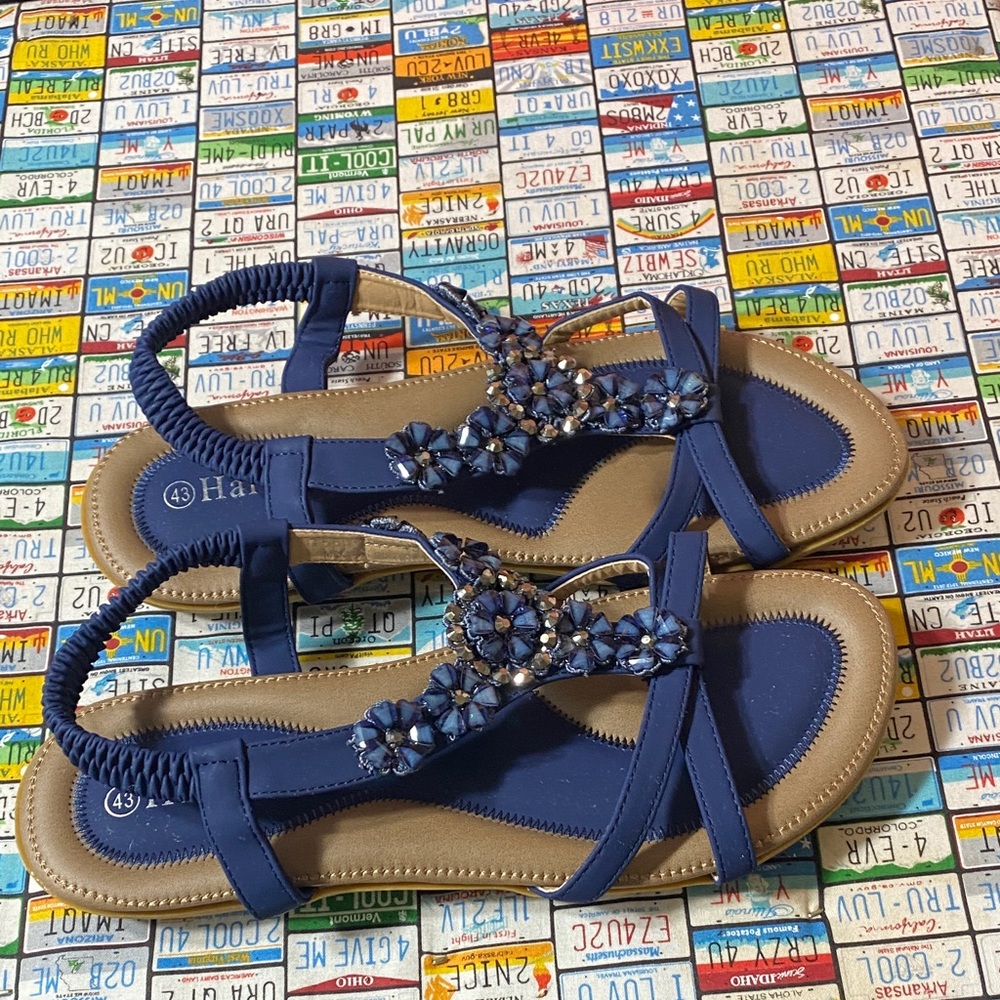 Harence Women’s Blue Beaded Sandals Size 43 (US 11-12)